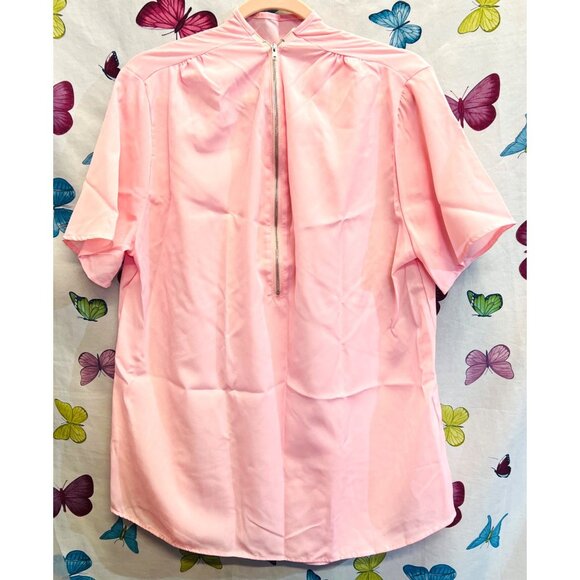 Pink Sheer Short-Sleeve Front Zip Top Blouse For Women - Picture 1 of 3